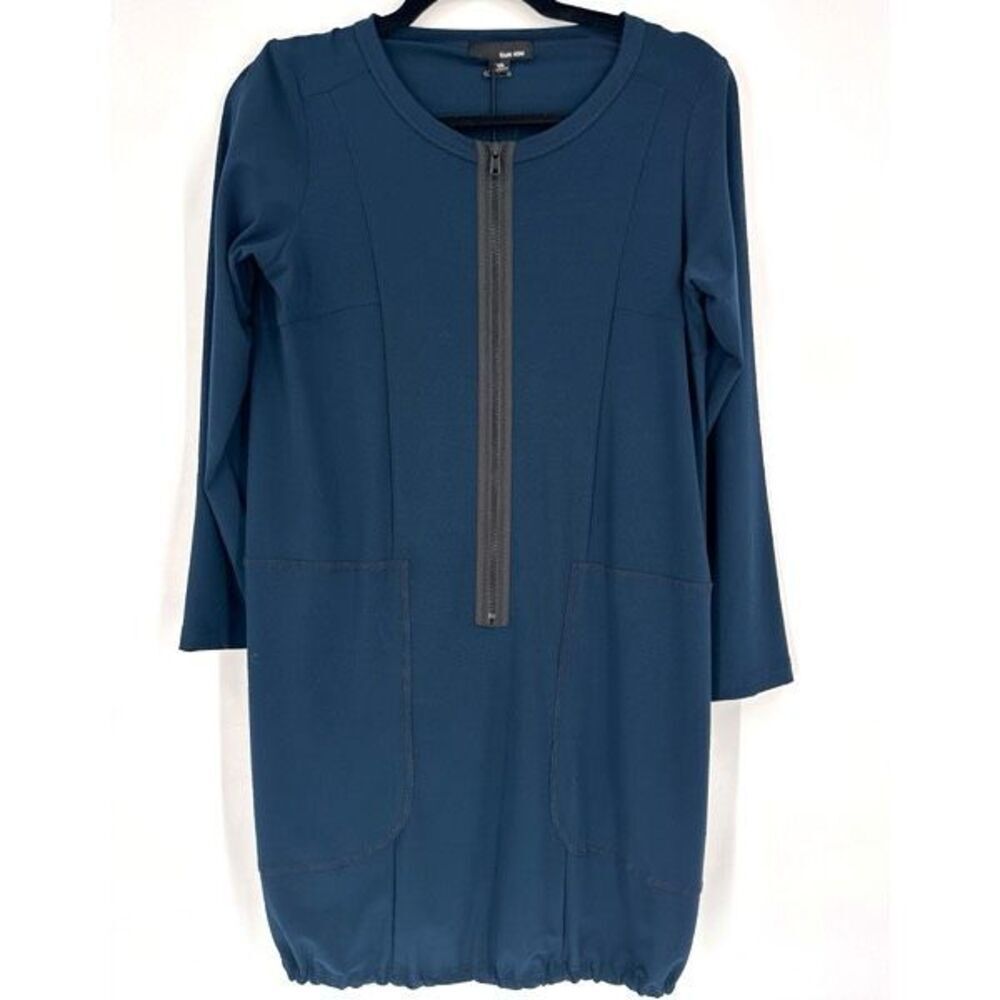 NWT Sun Kim Dark Teal Full Zip Blue London Tunic Dress Size XS Bubble‎ Hem